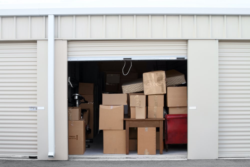 boxes stacked in storage unit
